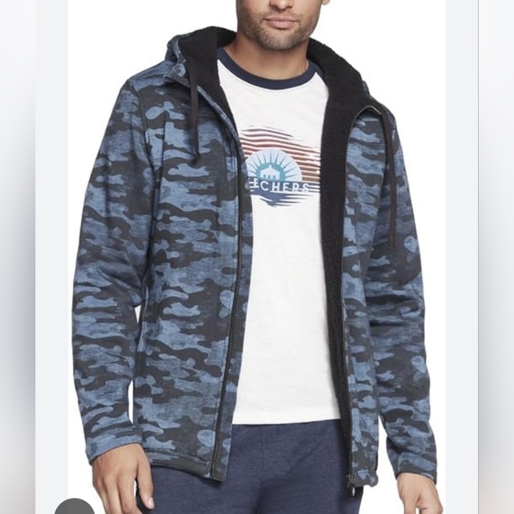 Skechers Mens Blue Camo Fleece Hooded Jacket 2XL NWT